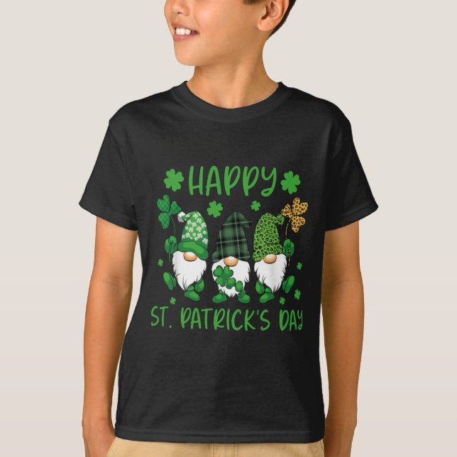 Three Gnomes Holding Shamrock Leopard Plaid St Pat T-Shirt (Front)