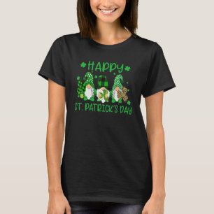 Three Gnomes Holding Shamrock Leopard Plaid St Pat T-Shirt