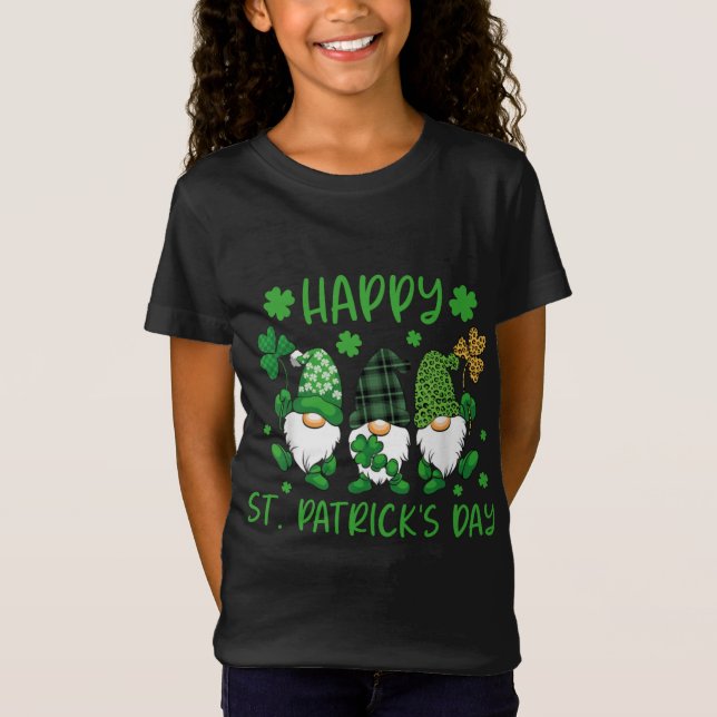 Three Gnomes Holding Shamrock Leopard Plaid St Pat T-Shirt (Front)
