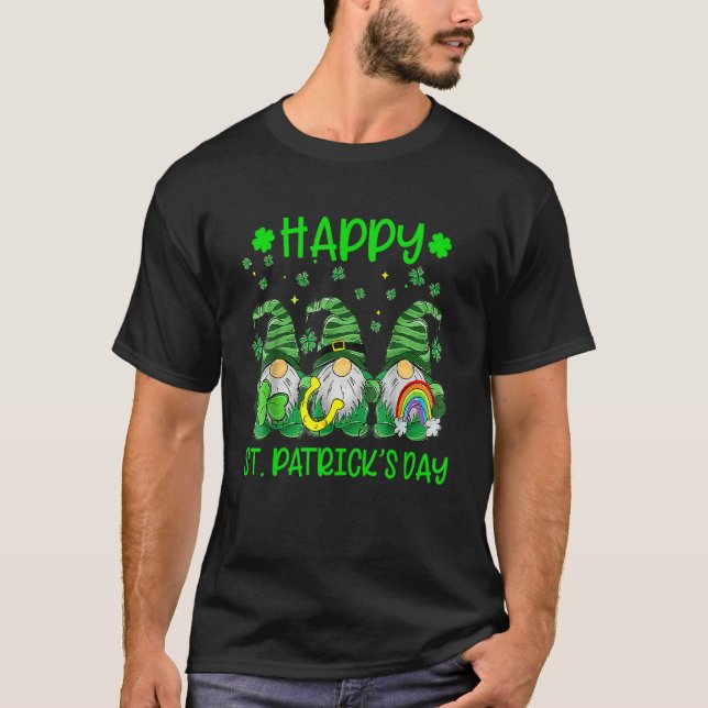 Three Gnomes Holding Shamrock Leopard Plaid St Pat T-Shirt (Front)