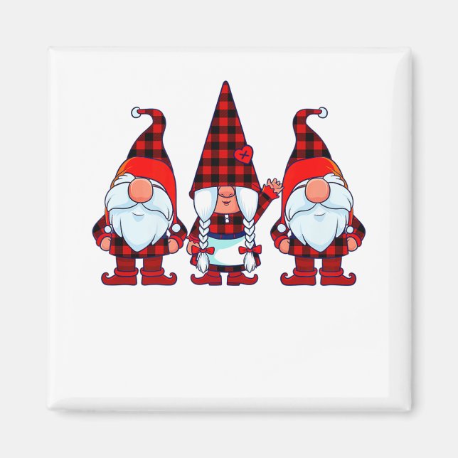Three Gnomes in Buffalo Plaid Christmas Gnome Xmas Magnet (Front)