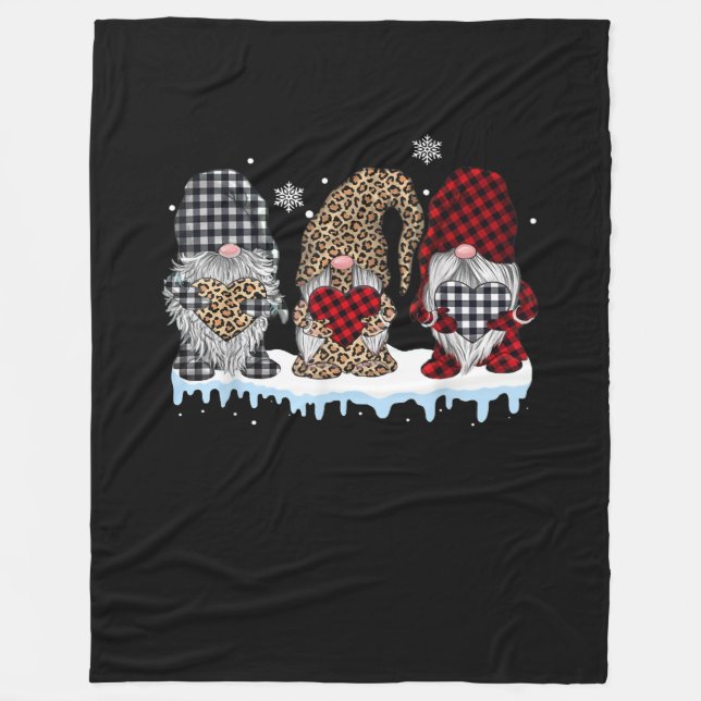 Three Gnomes In Leopard Buffalo Plaid Christmas Fleece Blanket (Front)