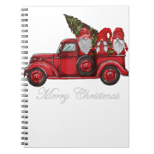 Three Gnomes in Red Truck With Merry Christmas Tre Notebook