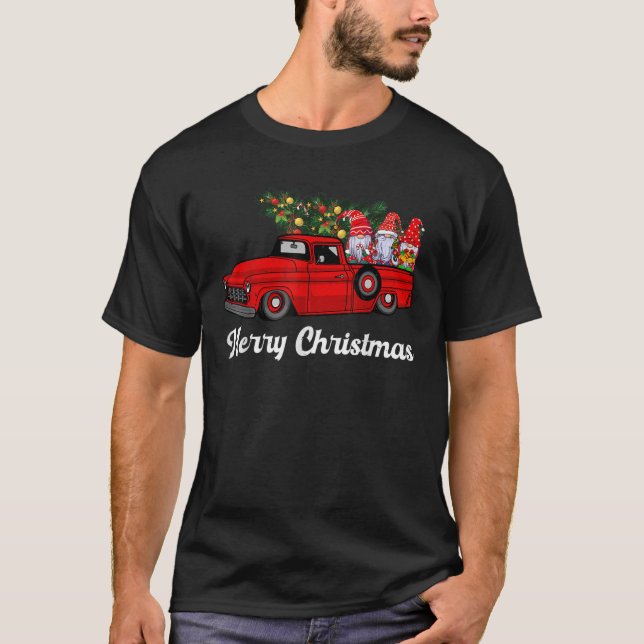 Three Gnomes in Red Truck With Merry Christmas Tre T-Shirt (Front)