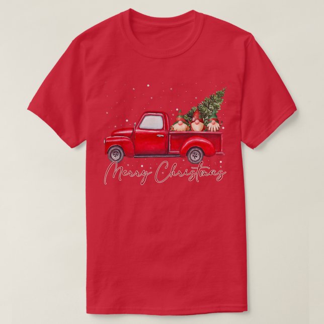 Three Gnomes in Red Truck With Merry Christmas Tre T-Shirt (Design Front)