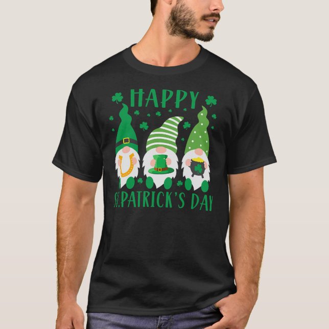 Three Gnomes Lucky Shamrock St Patrick's Day Irish T-Shirt (Front)