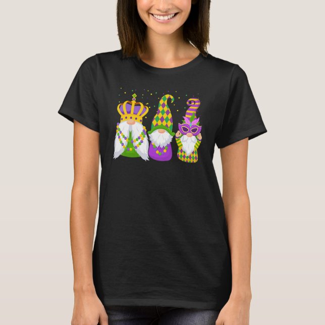 Three Gnomes Mardi Gras Holding Mask Love Mardi Gr T-Shirt (Front)