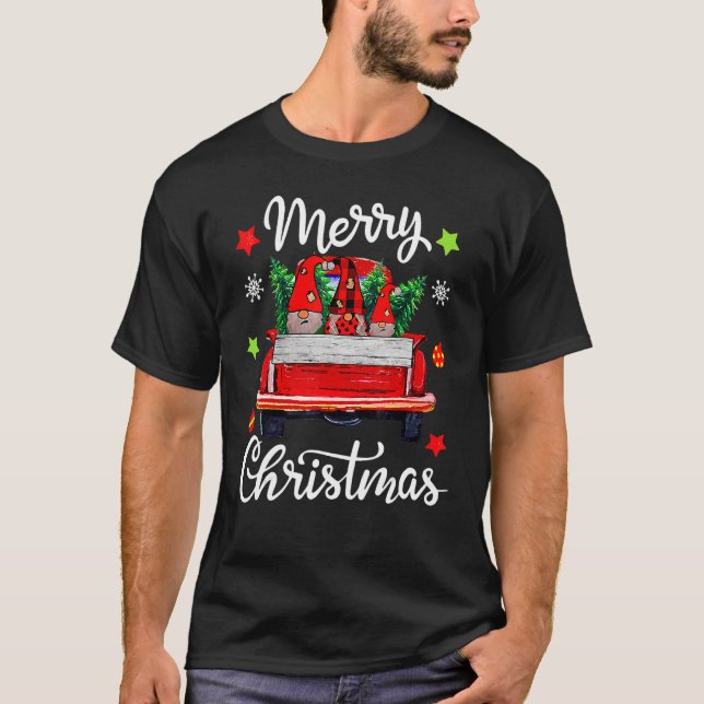 Three Gnomes Red Truck  Merry Christmas Tree T-Shirt (Front)