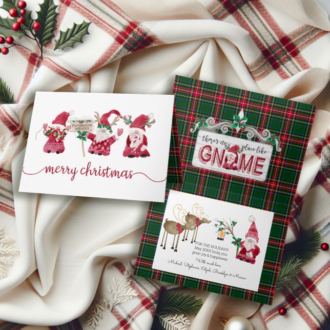 Three Gnomes Reindeer Watercolor Plaid Christmas Holiday Card (Creator Uploaded)