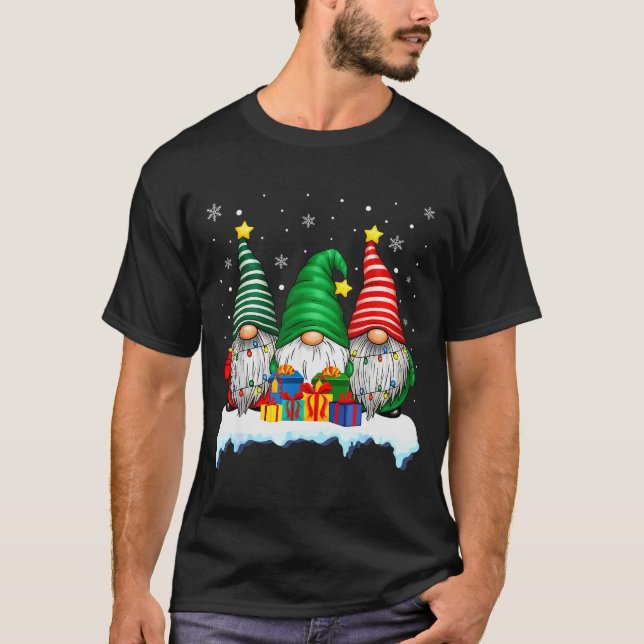 Three Gnomes Tree Lights Men Women Matching Xmas H T-Shirt (Front)
