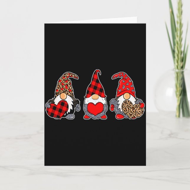 Three Gnomes Valentine Plaid Buffalo Leopard Coupl Card (Front)