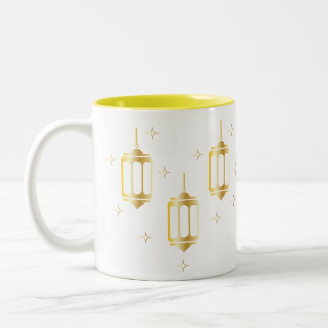Three gold Lanterns Surrounded with Stars  Two-Tone Coffee Mug (Left)