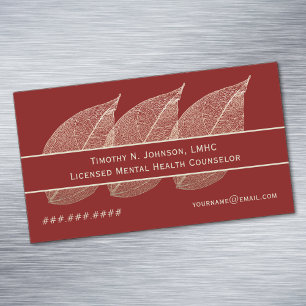 Three Golden Leaves on Maroon Counsellor Therapist Magnetic Business Card