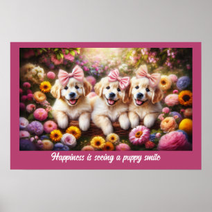 Three Golden Retriever Puppies with Flowers Poster
