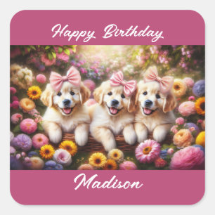 Three Golden Retriever Puppies with Flowers Square Sticker