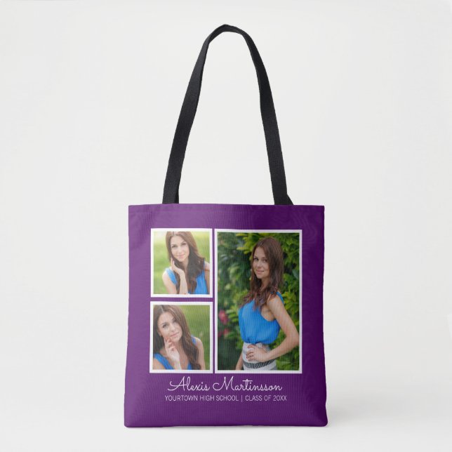 Three Graduation Photos Year Purple White Tote Bag (Front)