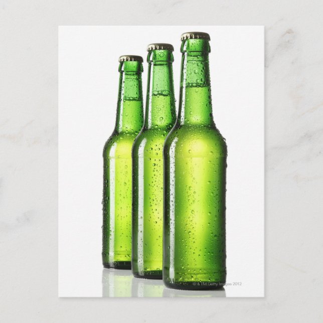 Three green bottles of beer on white background, postcard (Front)