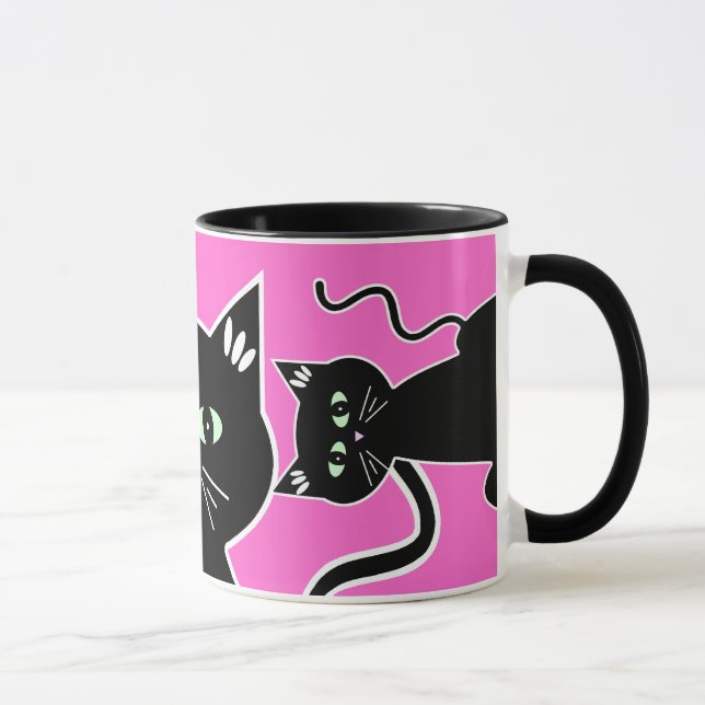 Three Green-Eyed Black Cats Retro Drawing Mug (Right)