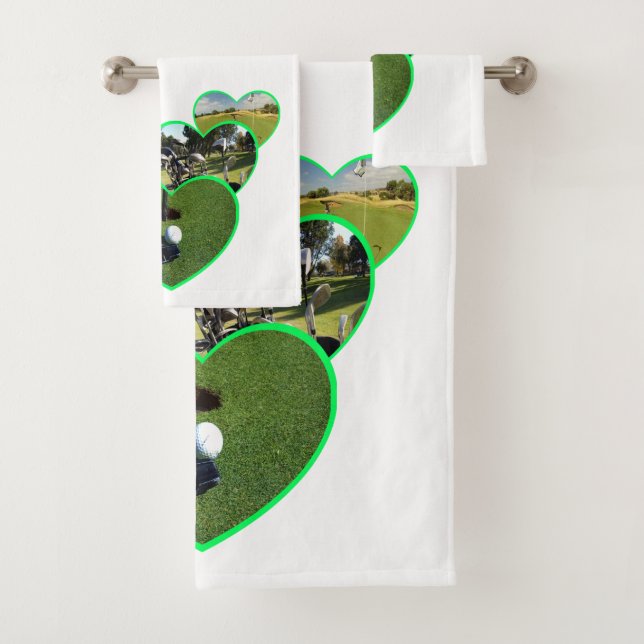 Three Green Golf Hearts Design, Bath Towel Set (Insitu)