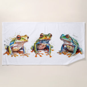 Three green little froggies in water colour beach towel