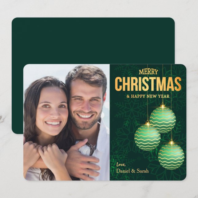 Three Green Tree Bulbs Snowflake Photo Christmas Holiday Card (Front/Back)