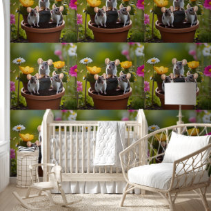 Three Grey And White Mice In Flower Pots, Wallpaper