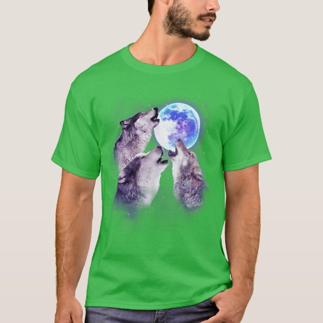 Three Grey Wolf Howling athe Moon 3 Wolves Space G T-Shirt (Front)