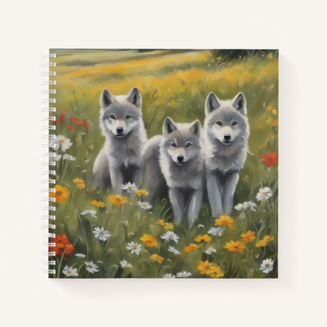 Three grey wolf pups waiting for mischief  notebook (Front)
