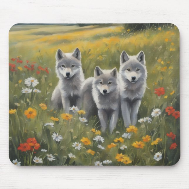 Three grey wolf pups watching for mischief mouse mat (Front)