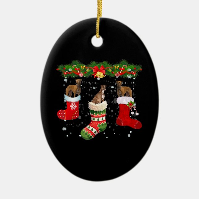 Three Greyhound Dog In Sock Christmas Santa Ceramic Tree Decoration (Front)