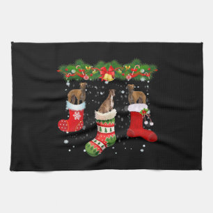 Three Greyhound Dog In Sock Christmas Santa Tea Towel