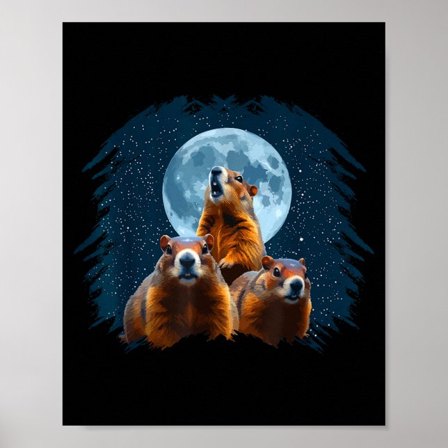 Three Groundhog Head And Moon Happy Groundhog Day  Poster (Front)