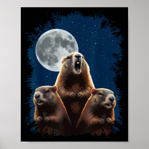 Three Groundhogs And A Moon Funny Groundhog Day  Poster