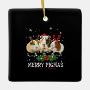 Three Guinea Pig Christmas Lights Santa Hat Ceramic Ornament