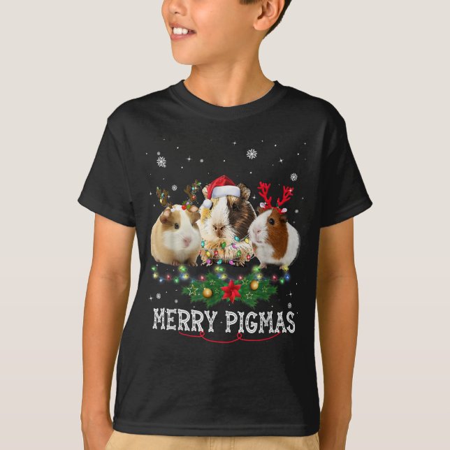 Three Guinea Pig Christmas Lights Santa Hat T-Shirt (Front)