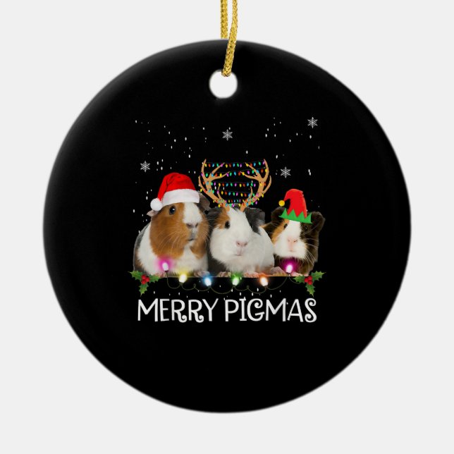 Three Guinea Pig Christmas Lights Santa Hat Xmas Ceramic Tree Decoration (Front)