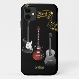 Three Guitars and Music Notes, Name iPhone 11 Case
