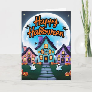 Three halloween houses full moon kawaii  card