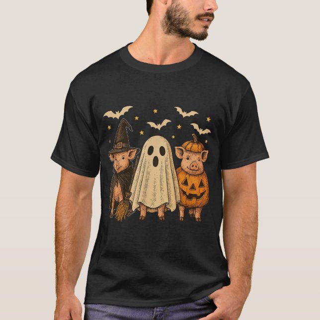  Three Halloween Pigs Cosplay Witch Boo Carved  T-Shirt (Front)
