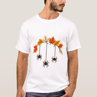 Three Hanging Spiders and Autumn Leaf Arc T-Shirt