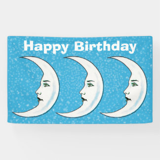 Three Happy Birthday White Crescent Moon Faces Banner