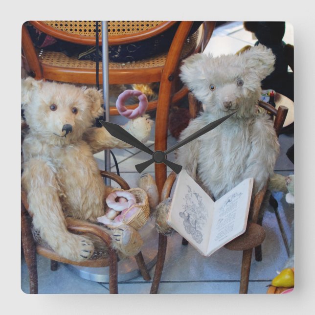 Three Happy Teddy Bears Square Wall Clock (Front)