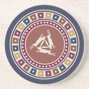 three hares motif and vintage geometry pattern coaster