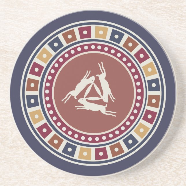 three hares motif and vintage geometry pattern coaster (Front)