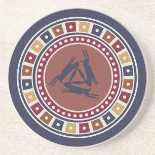 three hares motif and vintage geometry pattern coaster