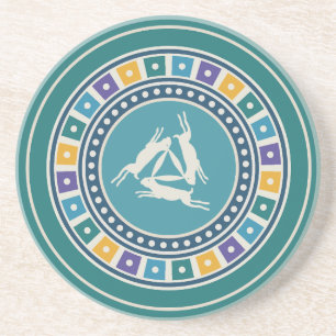 three hares motif and vintage geometry pattern coaster