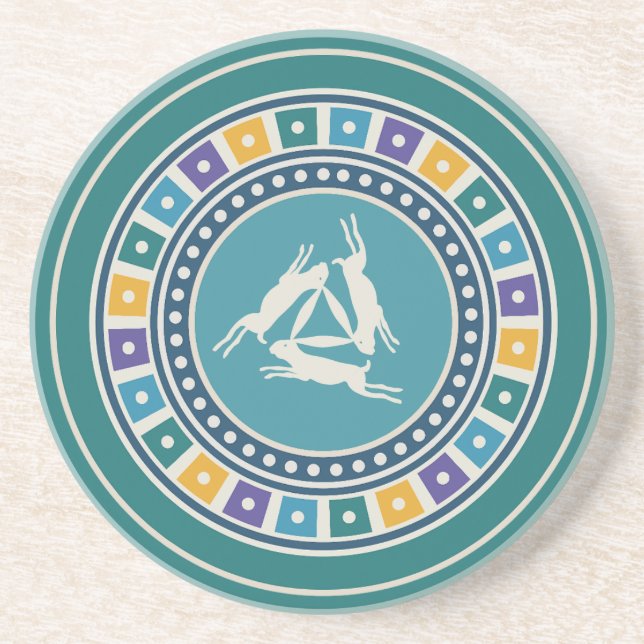 three hares motif and vintage geometry pattern coaster (Front)