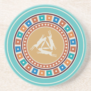 three hares motif and vintage geometry pattern coaster