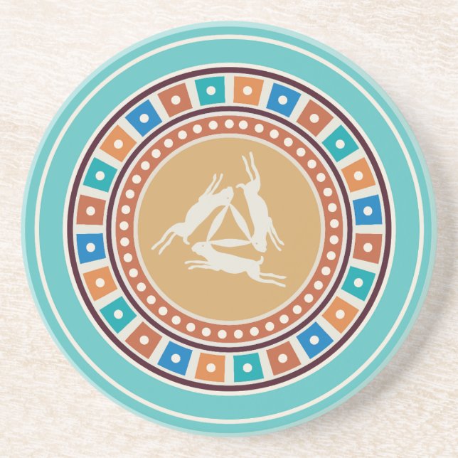 three hares motif and vintage geometry pattern coaster (Front)