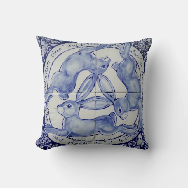 Three Hares Rabbit Blue & White Medallion Bird Cushion (Front)